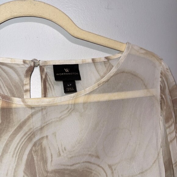 Worthington Beige Marble Print Sheer Long Sleeve Blouse Womens L Tall - Picture 4 of 7